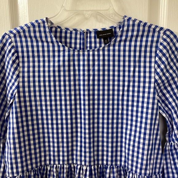 Who What Wear Blue White Gingham Blouse Peplum Hem Bell Sleeve Women's XS - Picture 3 of 14